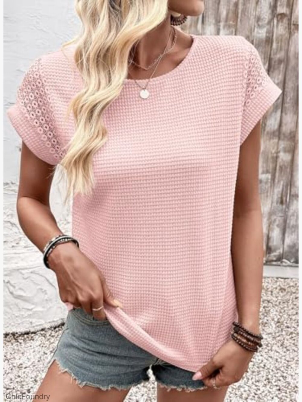 Waffle Knit Lace Sleeve Short Sleeve T-Shirt Loose Fit Summer Top - Picture 4 of 7